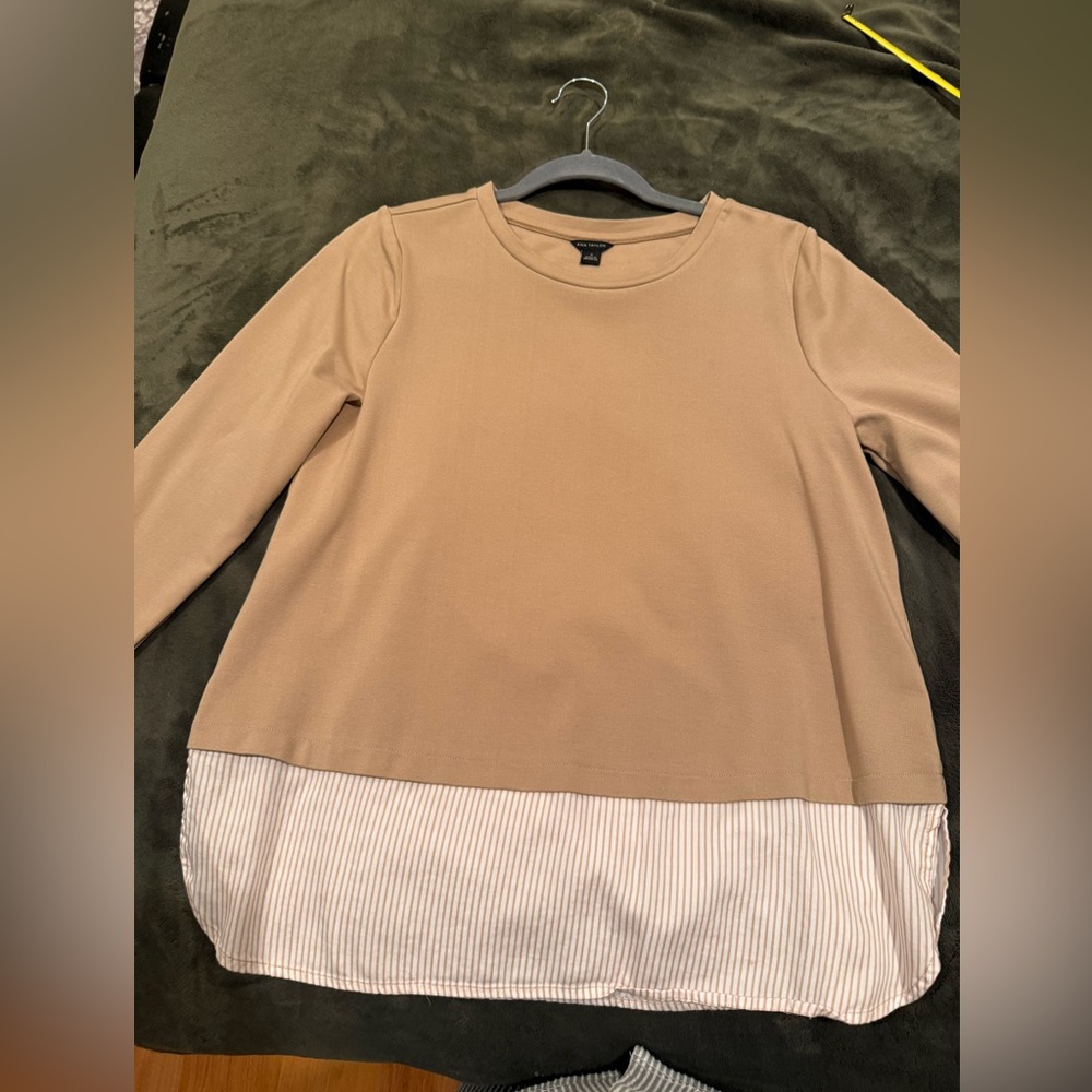 Ann Taylor Tan and Cream Long Sleeve Blouse